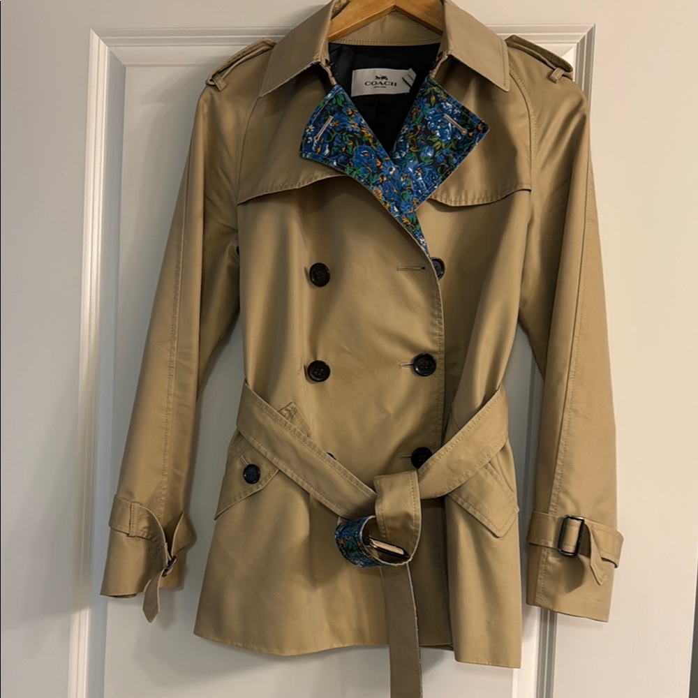 COACH Tan Trench Coat with Blue Accents